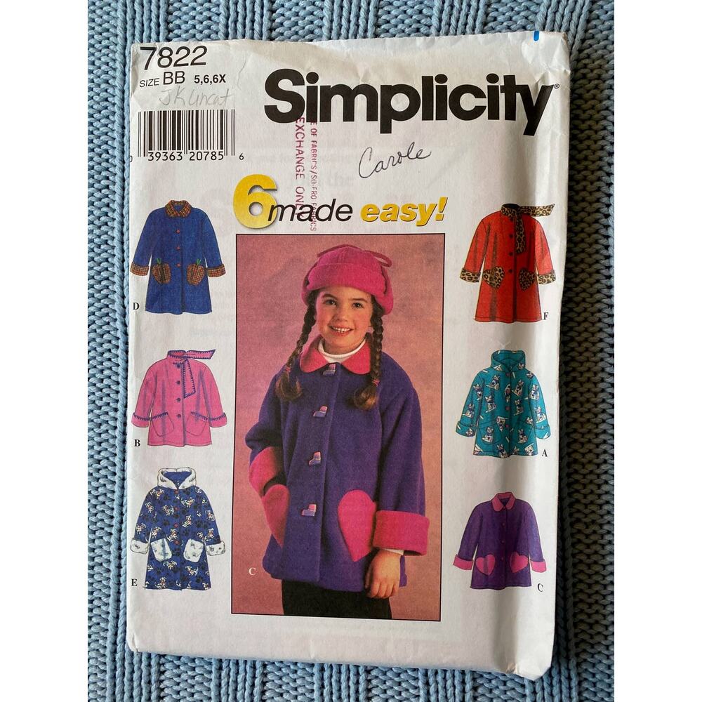 Simplicity 7822 pattern Girls fleece jacket hood size 5 6 6x